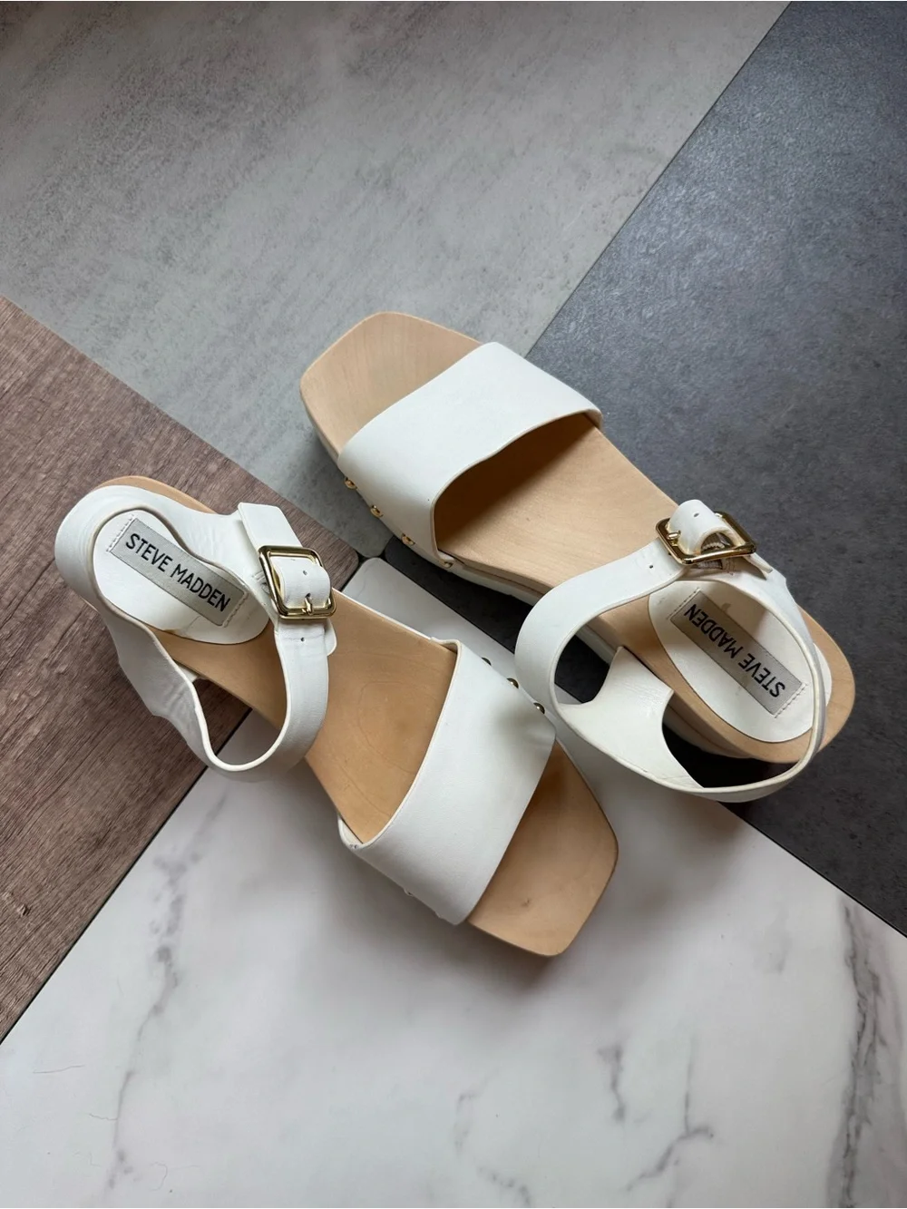 Steve Madden White Platform Sandals with Gold Studs